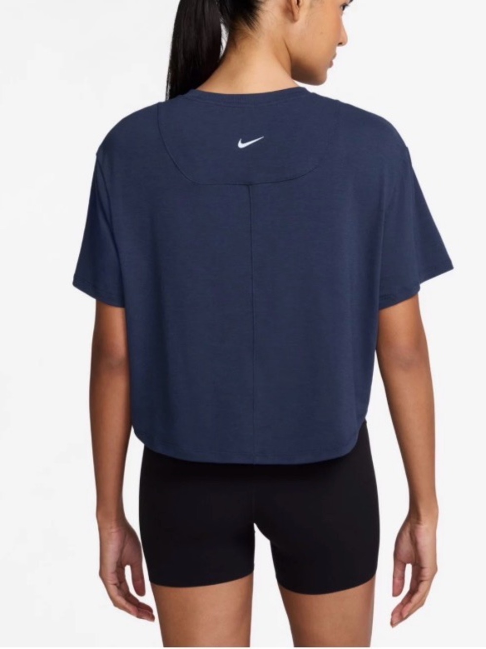 NWT Nike Dri Fit Navy Relaxed Short Sleeve Crop Tee with White Swoosh
